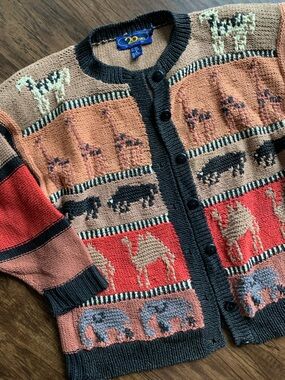 Vintage hand knitted Cardigan Sweater with Animal Motif